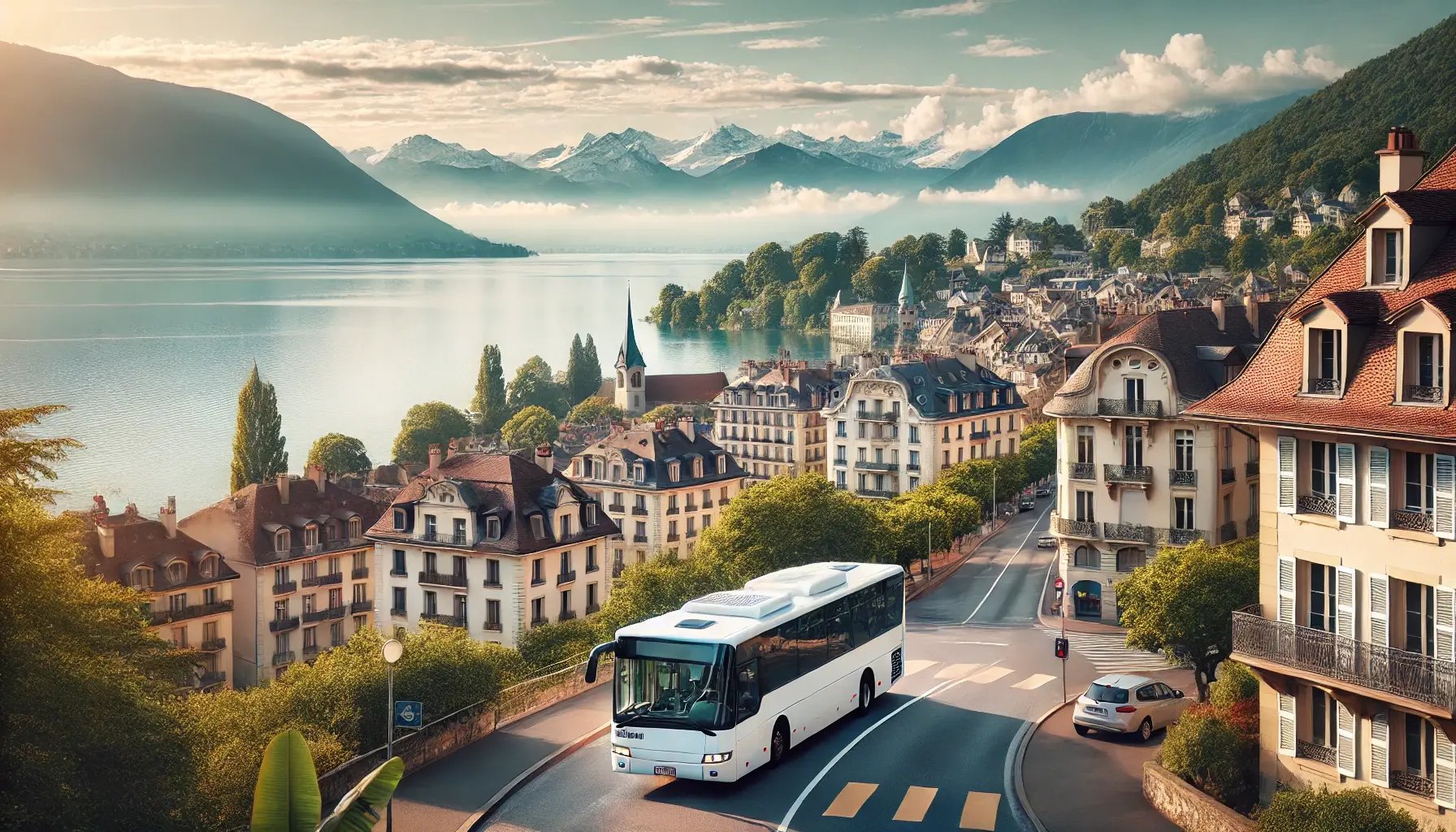 DALL·E 2024-08-14 13.59.57 - A landscape view featuring a white bus driving through the scenic city of Lausanne, Switzerland. The bus is on a road with the iconic Lake Geneva in t